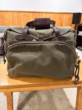 Filson Olive Canvas Duffel with Dark Brown Leather Handles